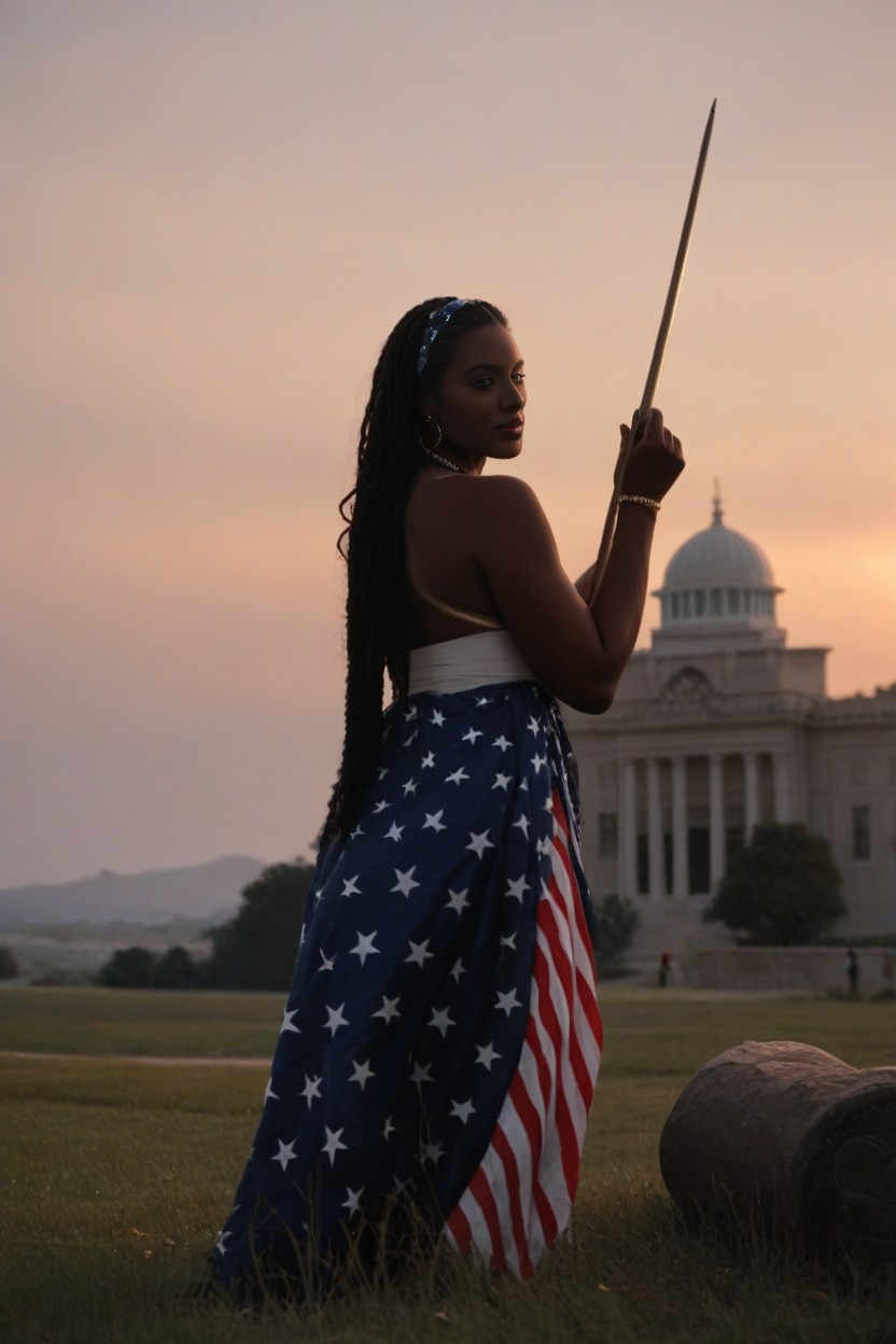 Natural Tone, With Long Hair, Wrapped In The American Flag AI Porn