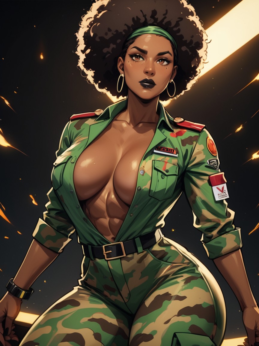 Wearing Camo Cosplay Clothes, Long Shoulder Width, Round Ass Width Latina AI Porn
