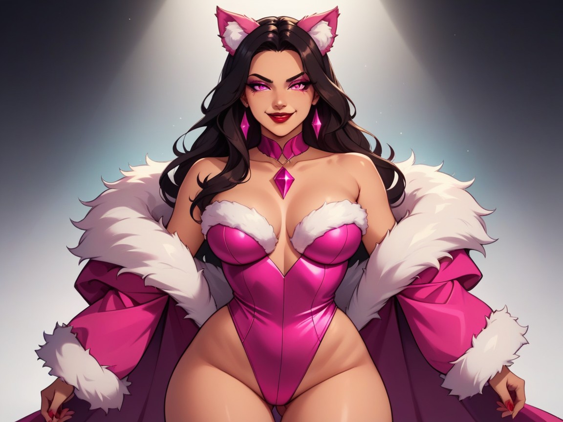 Wearing Pink Cosplay Clothes With Fur Trim, Vibrant Colors, Abdomen AI Porn