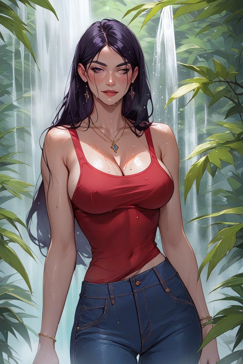 Violet Parr Enjoying A Refreshing Shower In A Cozy Bathroom With Her Long, Dark Hair Wet And Her Red Tank Top Clinging To Her, Violets Expression And Playful Pose Make This Moment Irresistibly Charming The Water Cascades Down HerAI黃漫