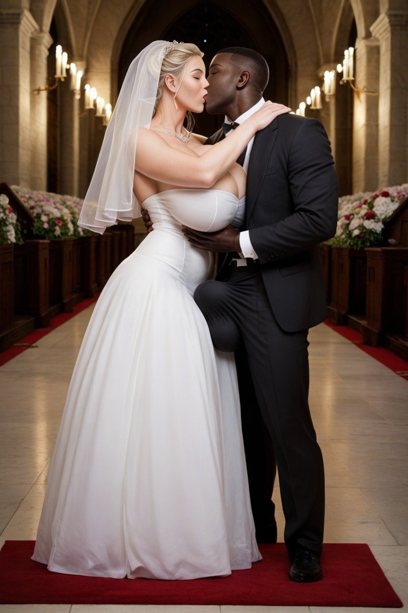 Sexy Wedding Dress, In Front Of Altar, Outline Of Huge Cock In The Pant쉬메일 AI 포르노