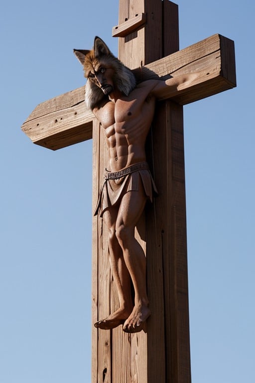 On A Wooden Cross Like Christ, An Anthropomorphic Coyote, Where On The Cross Of Christ It Says Inri헨타이 AI 포르노