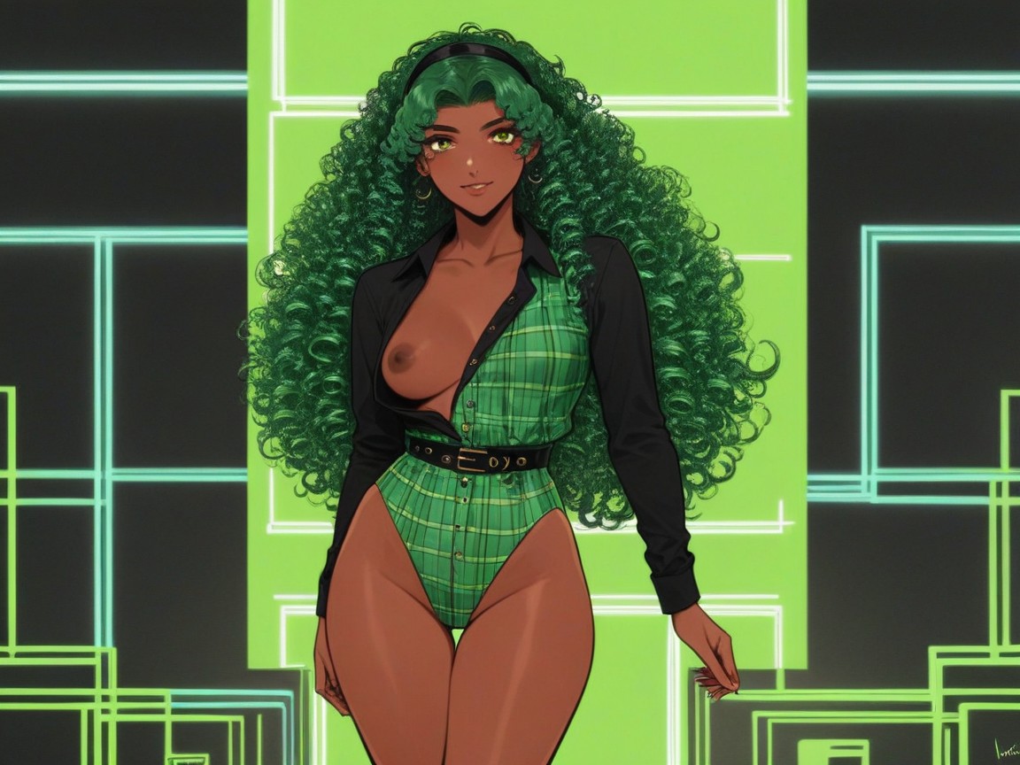 Plaid Print Cosplay, Green Hair Ribbon, Vibrant Colors AI Porn