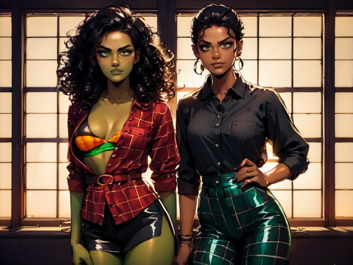 Curly, Green Hair Ribbon, Wearing Green Plaid Cosplay Clothes Latina AI Porn