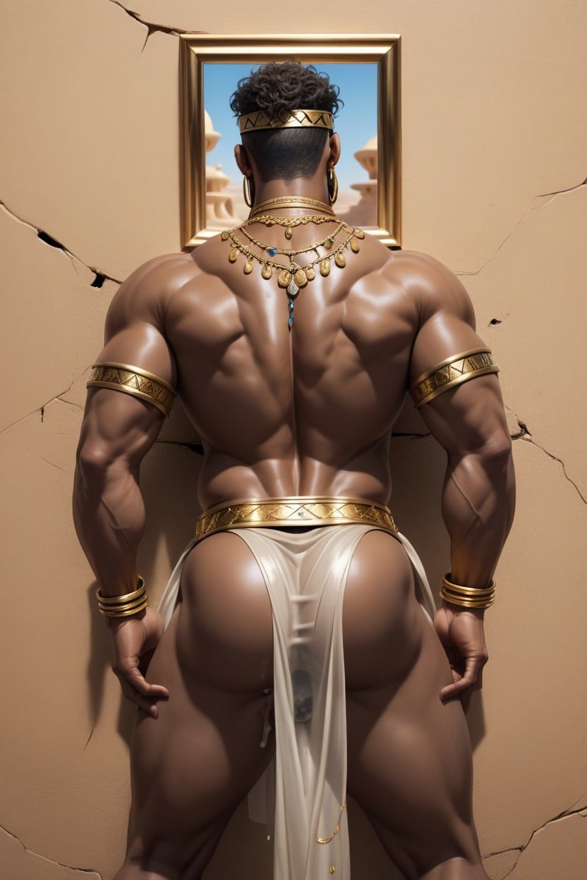 Muscular, Gold Mesh Veil, Gold Rings AI Gay Porn