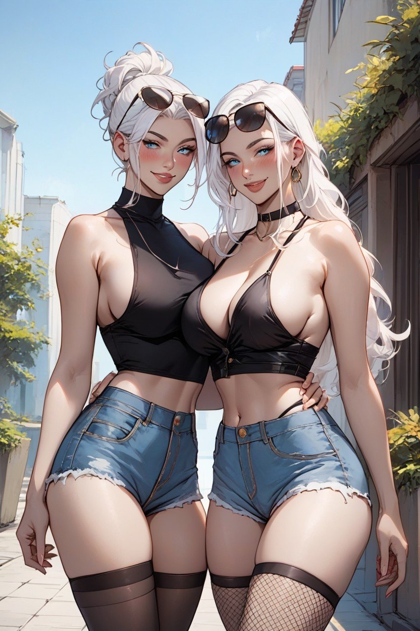 Wavy White Hair, Jean Shorts, BlushingAI黃漫