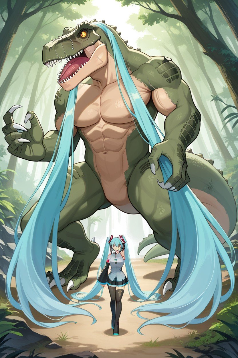 Cabelo Azul Claro, Tyrannosaurus Rex Cosplaying As Hatsune Miku, Luz Volumétrica Hentai IA pornografia