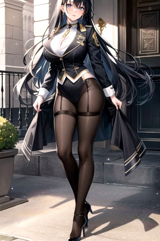 Her Skin Is Pale, Big Breasts She Is Dressed In A Strict Uniform, Her Eyes Are BlueHentai IA