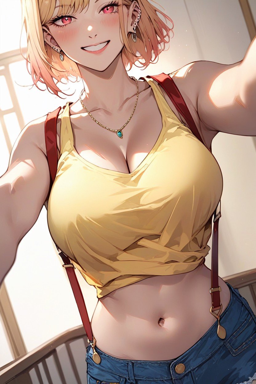 ショートヘア, Yellow Tank Top, シネマティックニューハーフAIポルノ