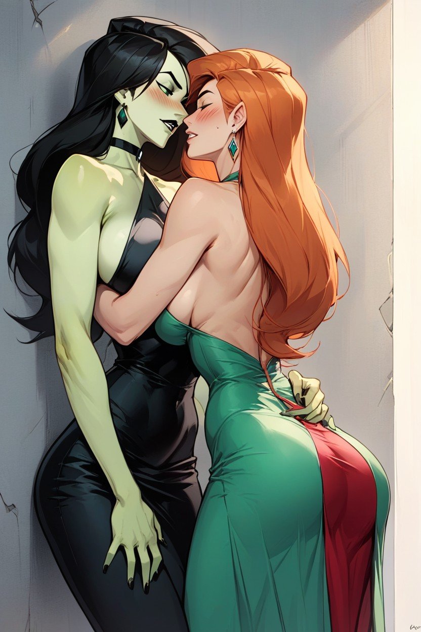 Full Color, Kim Possible Kim Possible Ginger Hair And Shego Green Skin And Black Hair, Rubbing Pushed Against Wall Shemale AI Porn