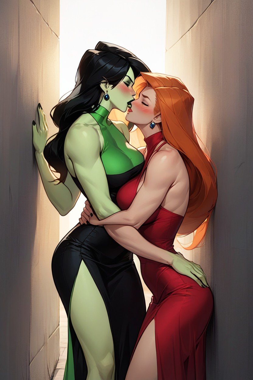 Dresses, From Behind Kissing Neck, Kim Possible Kim Possible Ginger Hair And Shego Green Skin And Black Hair퍼리 AI 포르노