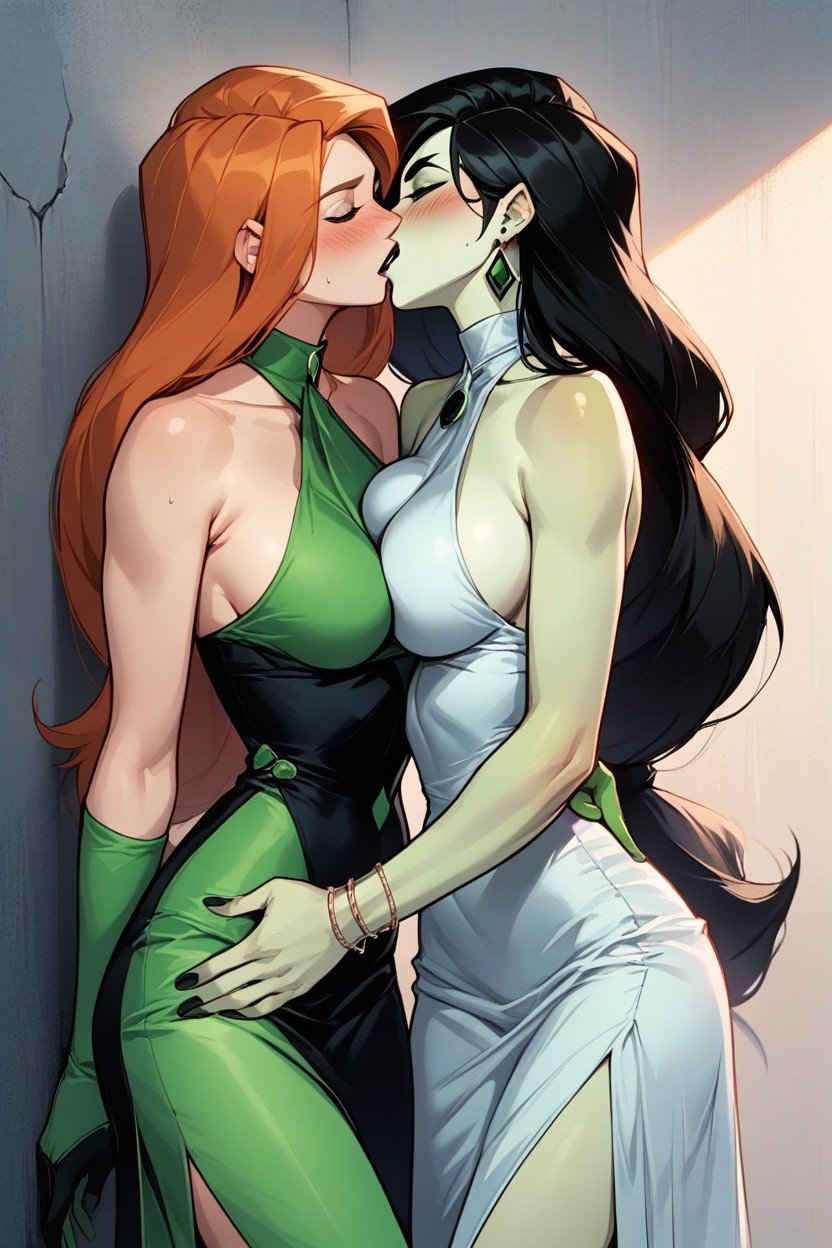 Kim Possible Kim Possible Ginger Hair And Shego Green Skin And Black Hair, Pushed Against Wall, Playful TouchingFurry KI Porno