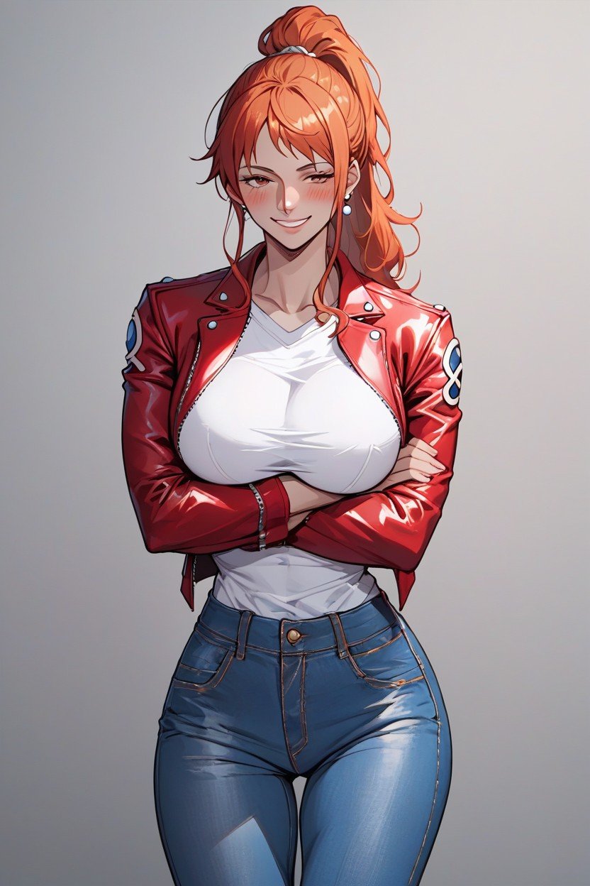 Jeans, Jacket On Top Of Tee Shirt, Red Leather Jacket Hentai AI Porn