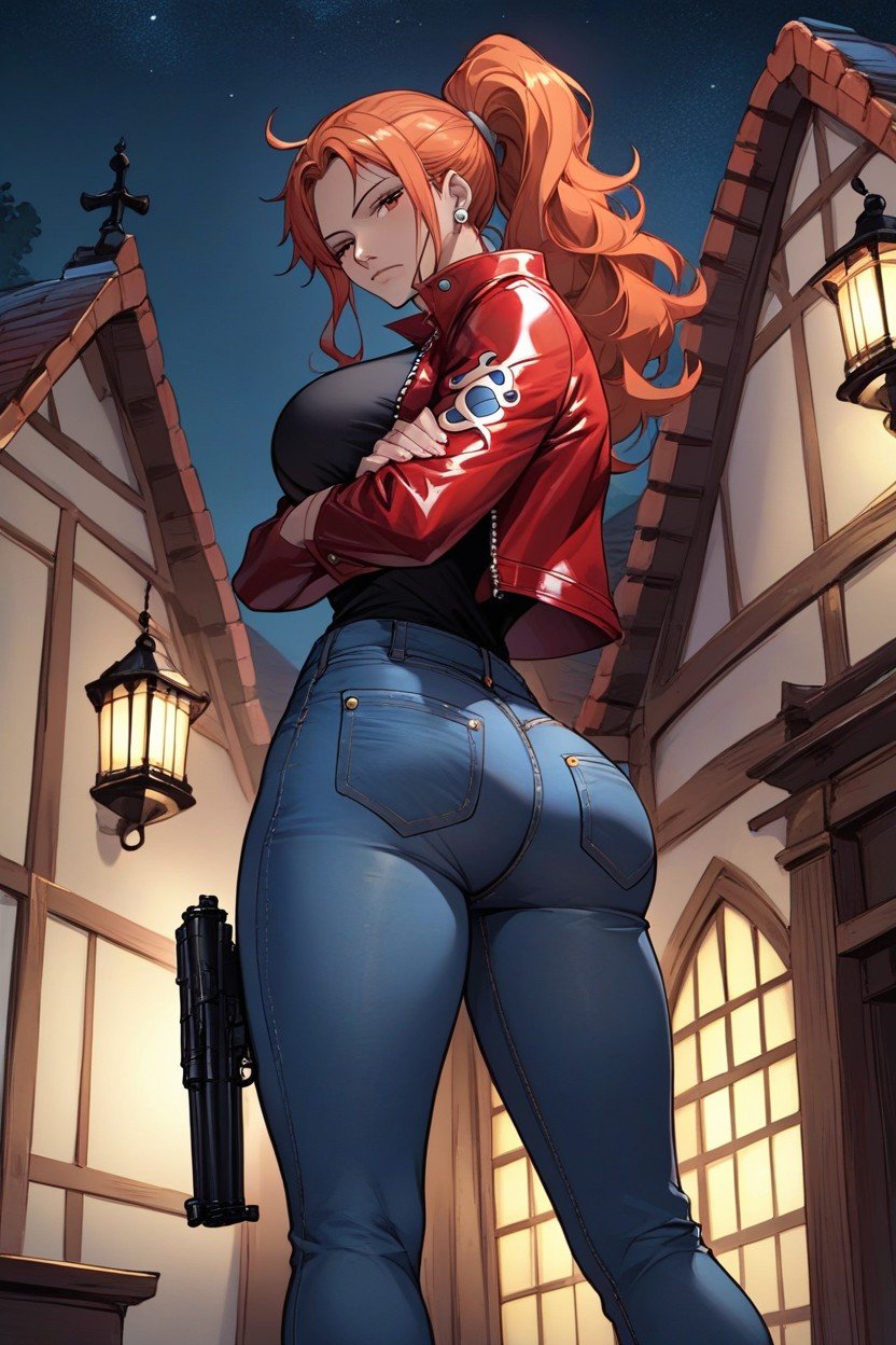 Brazos Cruzados, Jacket On Top Of Tee Shirt, Black Gun In HandHentai IA