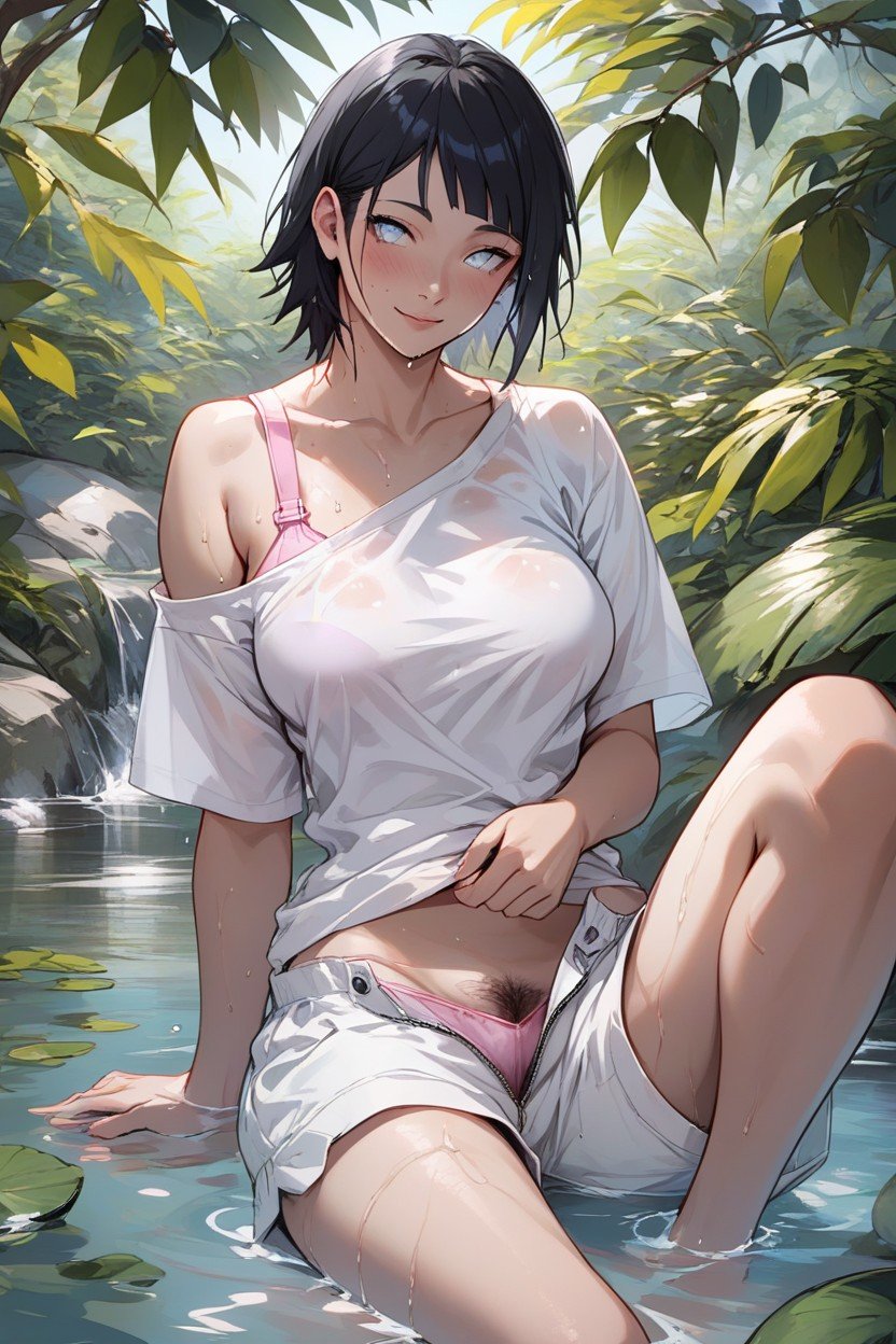 Off Shoulders, Hyuga Hinata, White Unzipped Shorts PantAI兽人黄片