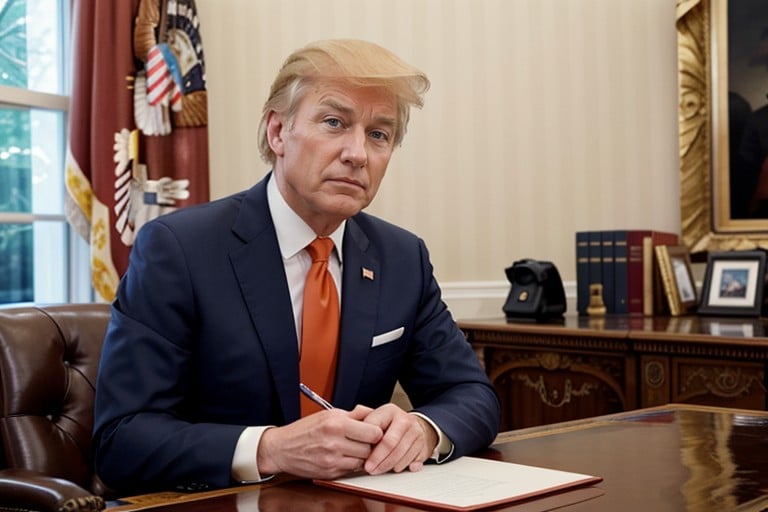 坐下, 德國人, A Man In His S President Of The United States Of America He's Sitting At The Desk In The Oval Office Eating A Mcdonalds Burger He's Tall And Out Of Shape He Has An Angry Look On His Face He's Of German-polish Descent Donald From The Apprentice Resembles The Host Of The Apprentice Tv Show Orange Spray Tanned Skin Blond Hair Dressed In A Dark Navy Suit And A Red Tiesites.postSEOTitles