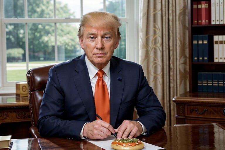 앉아있기, A Man In His S President Of The United States Of America He's Sitting At The Desk In The Oval Office Eating A Mcdonalds Burger He's Tall And Out Of Shape He Has An Angry Look On His Face He's Of German-polish Descent Donald From The Apprentice Resembles The Host Of The Apprentice Tv Show Orange Spray Tanned Skin Blond Hair Dressed In A Dark Navy Suit And A Red Tie Old Man Orange Skin Food On Desk, 독일인헨타이 AI 포르노