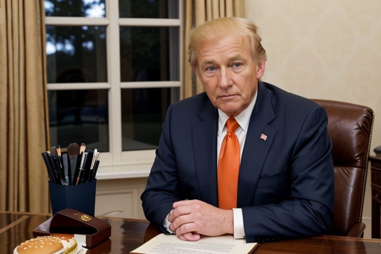 S'asseoir, Allemande, A Man In His S President Of The United States Of America He's Sitting At The Desk In The Oval Office Eating A Mcdonalds Burger He's Tall And Out Of Shape He Has An Angry Look On His Face He's Of German-polish Descent Donald From The Apprentice Resembles The Host Of The Apprentice Tv Show Orange Spray Tanned Skin Blond Hair Dressed In A Dark Navy Suit And A Red Tie Old Man Orange Skin Food On Desk Aged Man In His S Tired Eye Bags Irritated Expression Chubby Fat Orange MakeupPorno IA transsexuelle