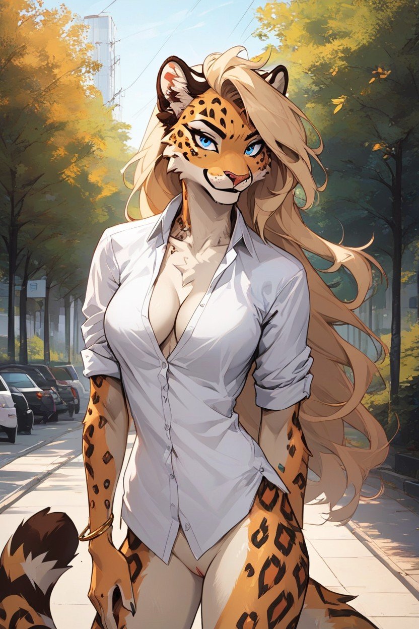 Asymmetrical Hair, Loose White Office Shirt, Golden BraceletsFurry IA