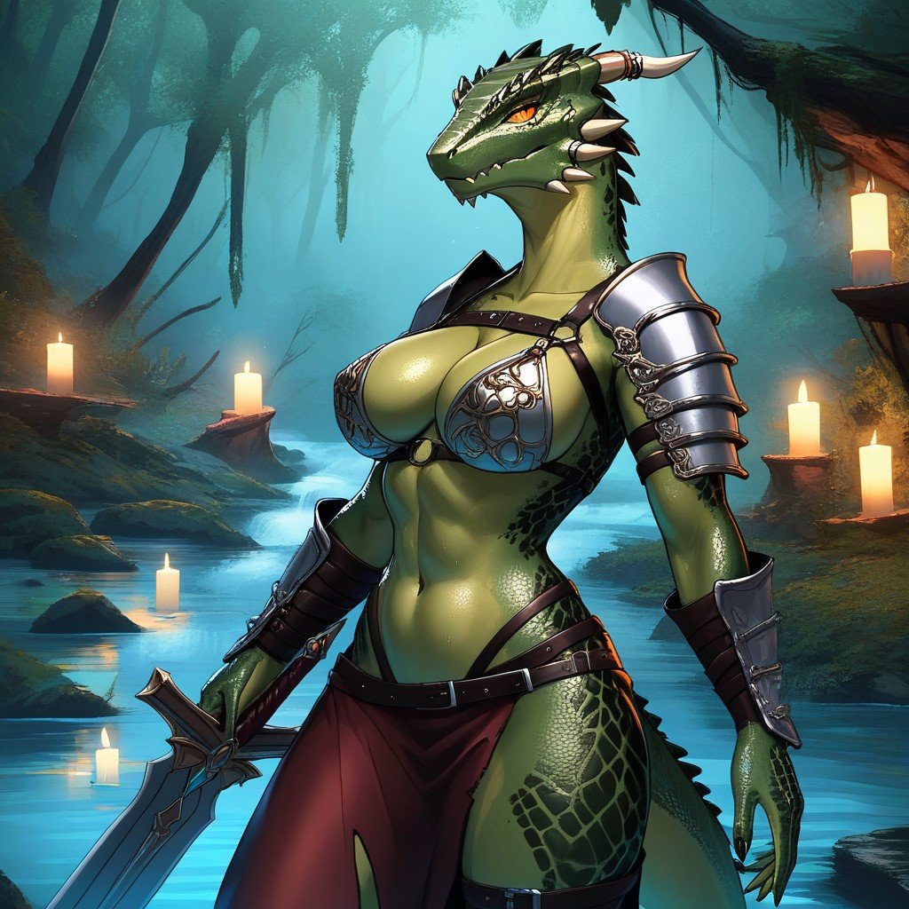 Savages Skirt, Hairs On The Back Of The Head, Detailed Light Fantasy Argonian Scalie Woman With Big Breasts And Perfect Fit Body Pornografia peluda com IA