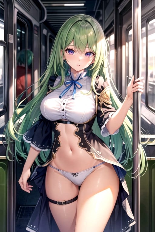 Green Hair, Skirt, One Woman Hentai AI Porn