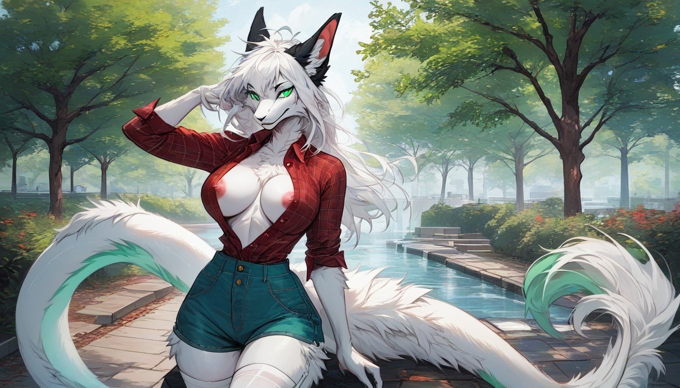 White Fur, Straight Bangs, Green Squares Furry AI Porn