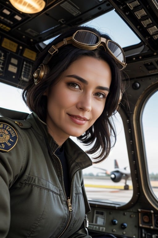 The Pilot Is Looking At The Viewer With A Joyful Expression Full Of Excitement And Anticipation, Evening Light, A Full Body Portrait Of A Female Pilot With Black Hair And A Pixie Wearing Old Fashioned Flying Goggles And Steam Punk Looking Jump Suit Is Leaning Against A Wing Of An Old Fashioned Double Decker Plane Sitting On A Cement Tarmac쉬메일 AI 포르노