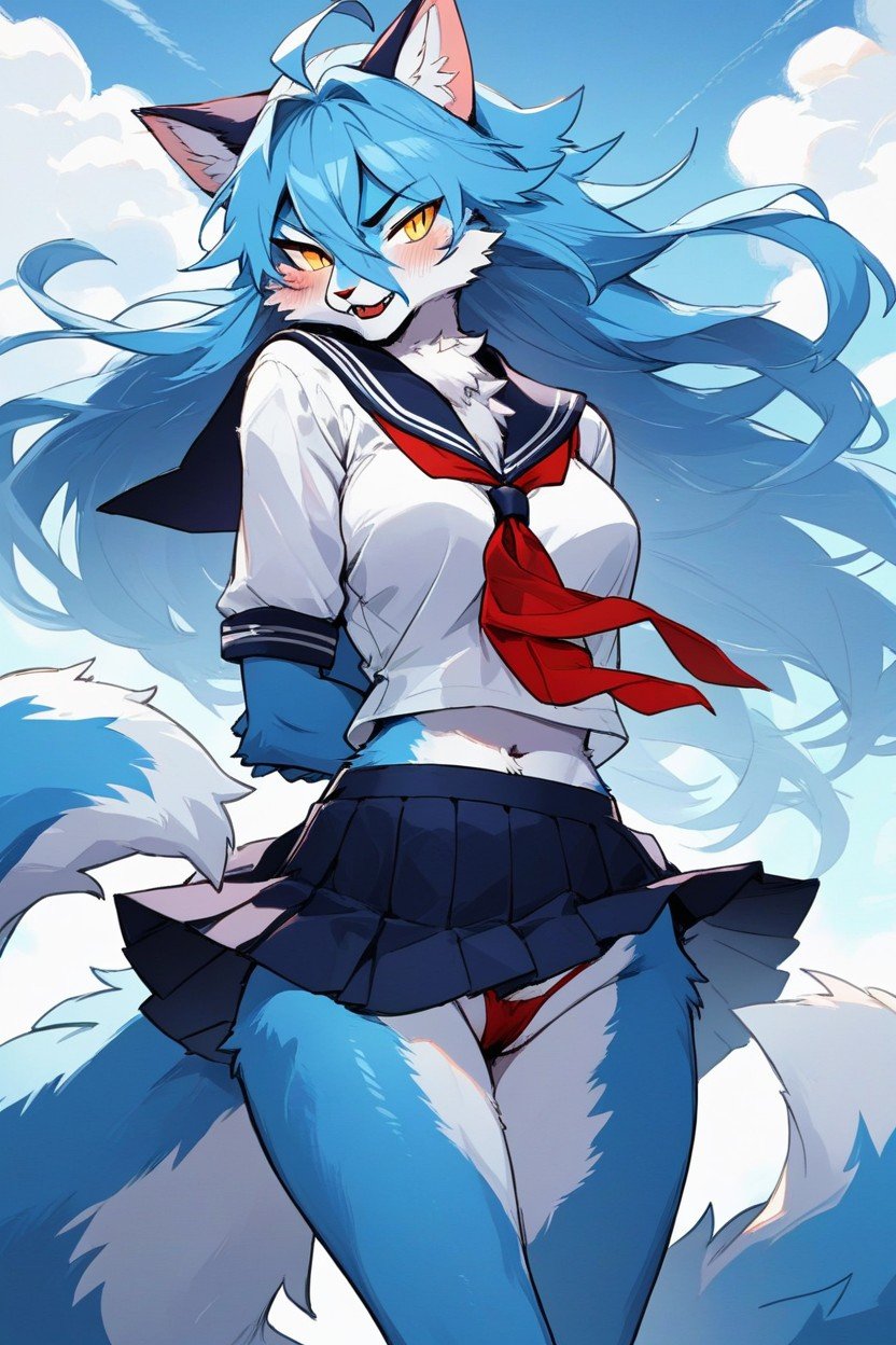 치마, Long Flowing Blue Hair, Double Tail Long퍼리 AI 포르노