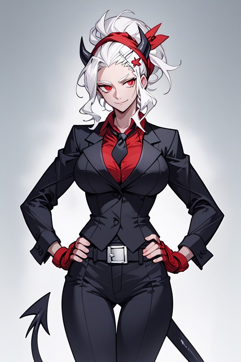 丸いお尻, Justice From Helltaker, Black Tie With Two Silver Clips Attaching It To Her Red ShirtファーリーAIポルノ