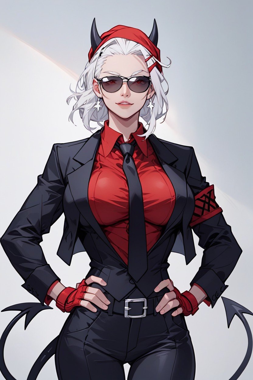 Justice From Helltaker, Black Tie With Two Silver Clips Attaching It To Her Red Shirt, Hands On Hips Furry AI Porn