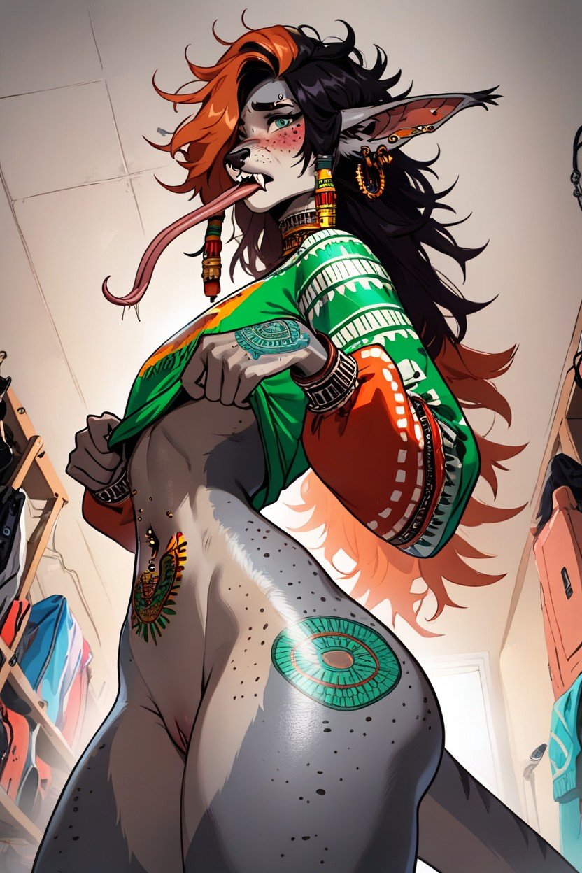 Orange Hair, Showing Stomach, Aztec Style TattoosファーリーAIポルノ