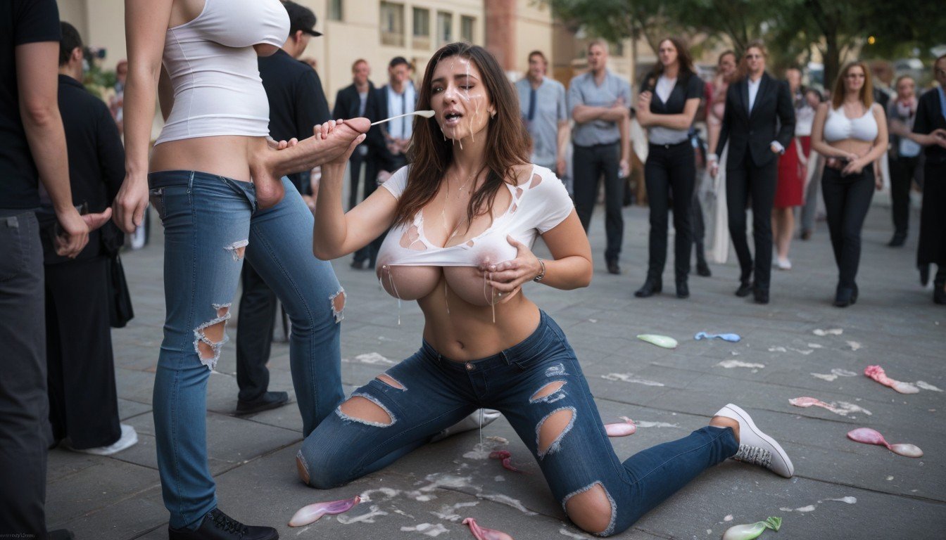 Many Woman Bystanders, Underboob, Torn Clothes Shemale AI Porn