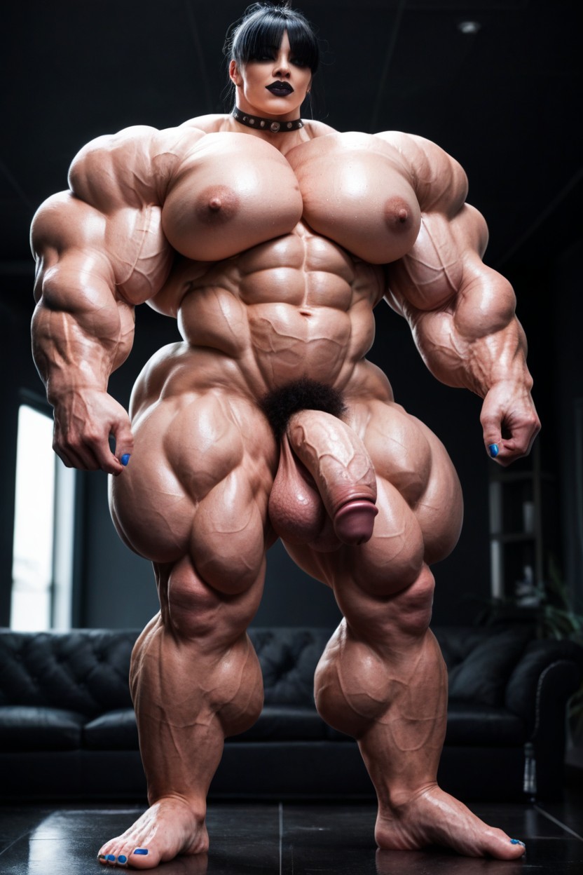 Sweaty, Hyper Muscular Legs, Goth Makeup Shemale AI Porn