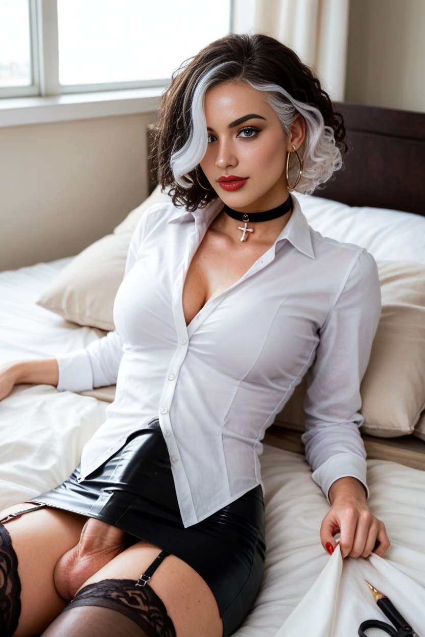 Garter Belt, Gigantic Hoop Earrings, Black Hair With White Highlights AI Porn