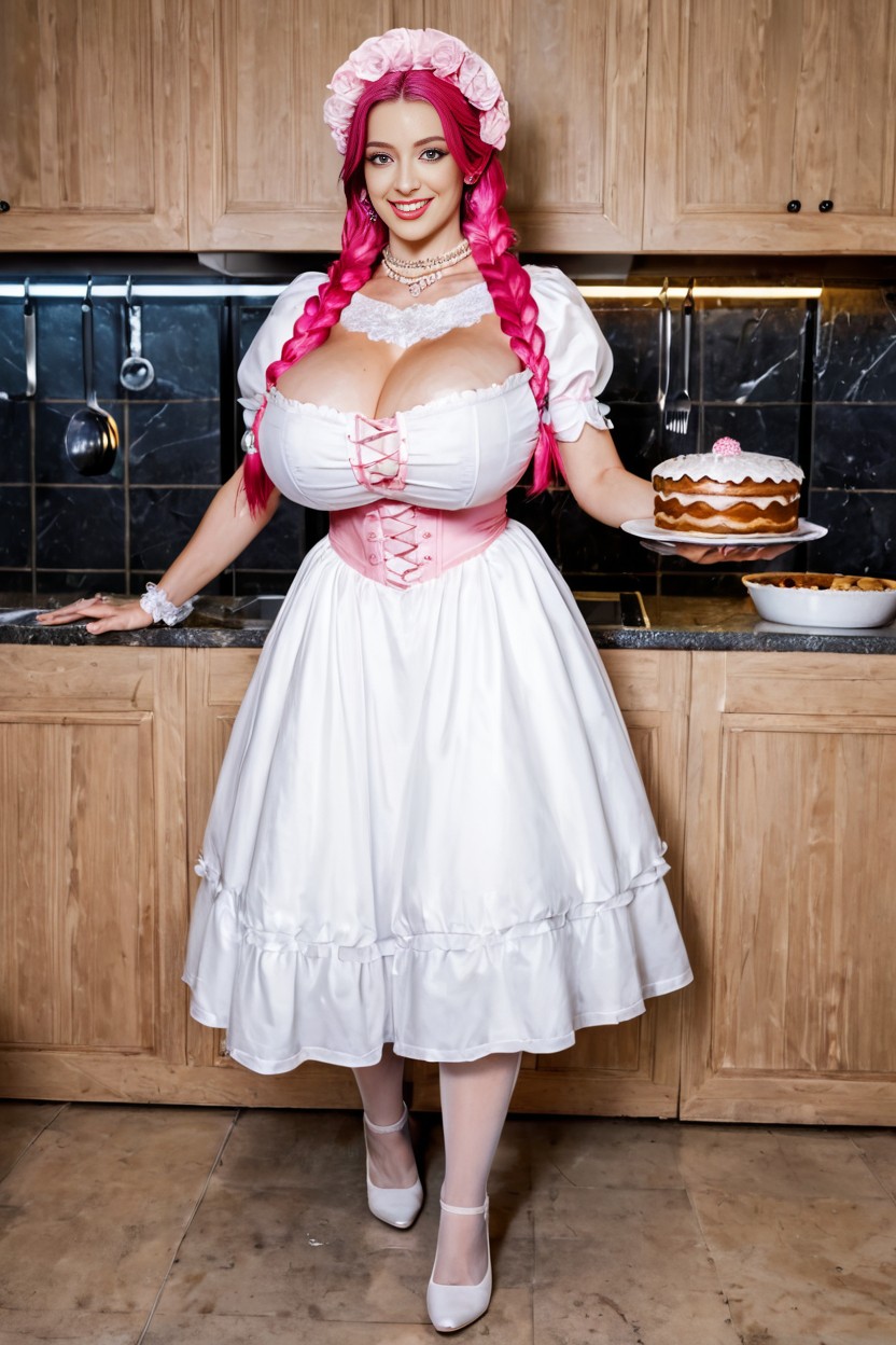 Firm Boobs, Holding A Pie, Puffy Shoulder Dress AI Porn