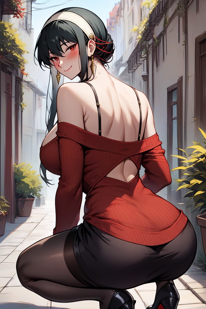 Back, Red_sweater, Looking_at_viewer Hentai IA
