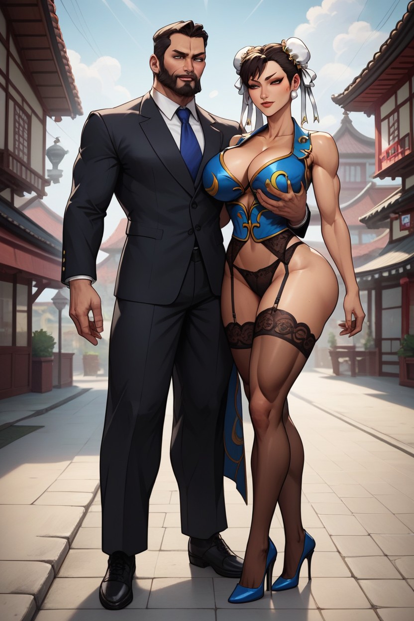 Muscular Man, Righ Brown Lace Socks, Tan Skin AI Porn