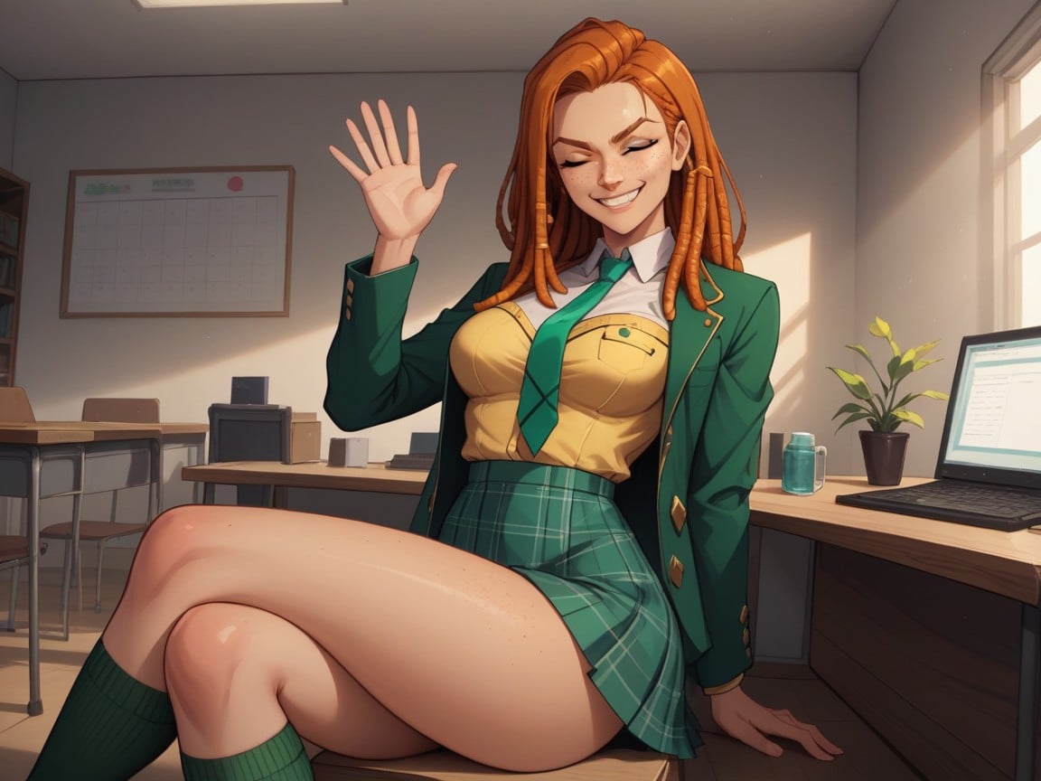 Smirk, Vibrant Colors, Green Plaid Skirt AI Porn