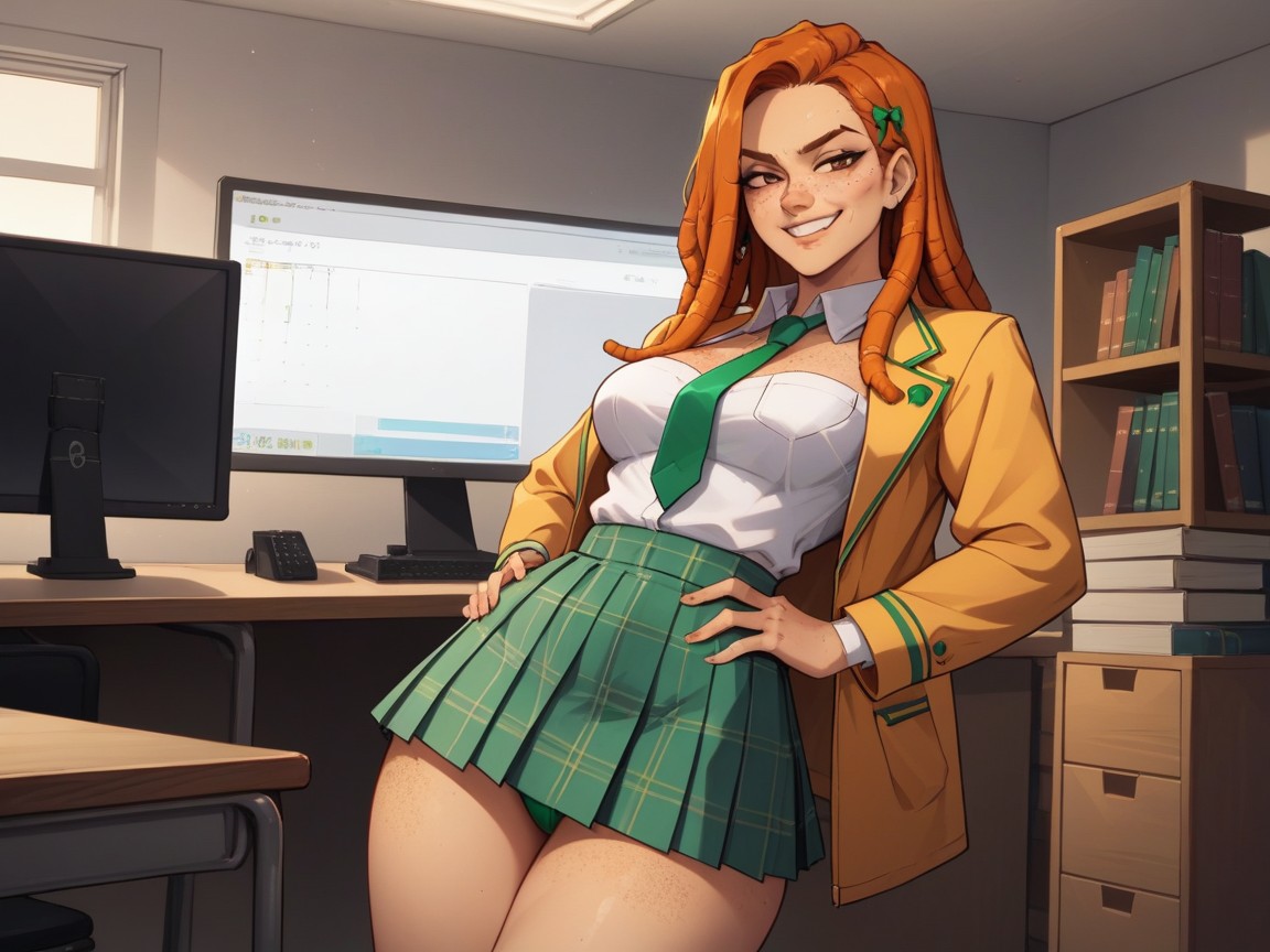 Green Plaid Skirt, Green Hair Ribbon, Rounded Wide Hips AI Porn