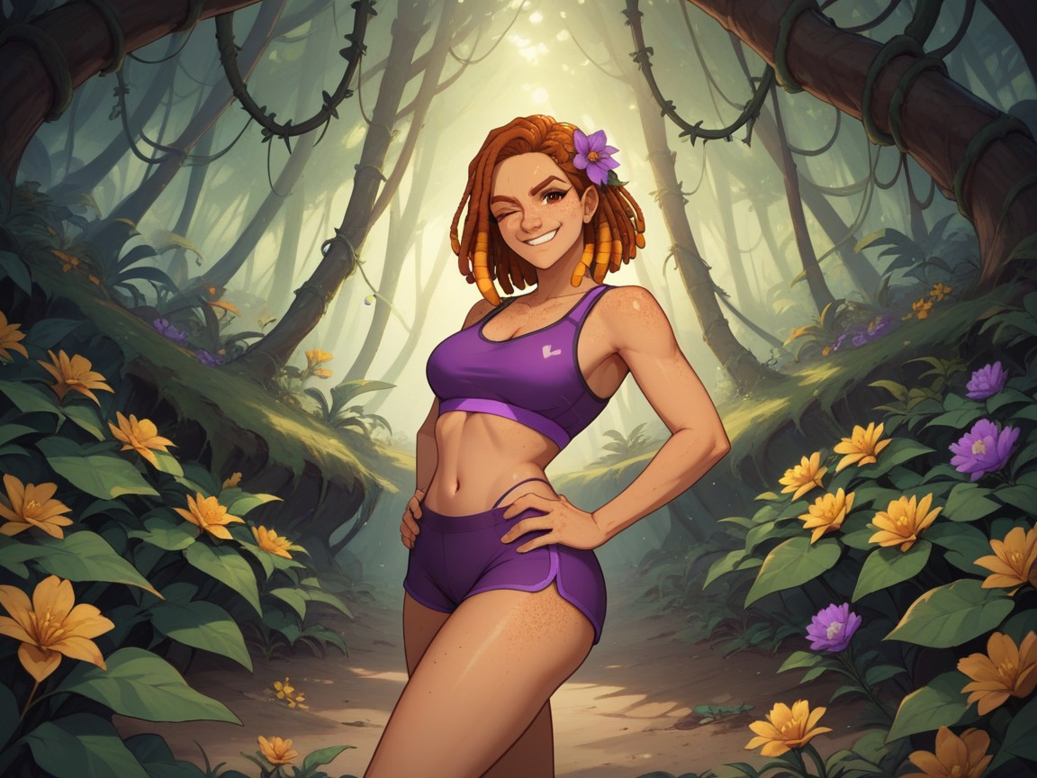 Chest And Hips Proportionate, Focus On Woman, Purple Flower In Hair AI Porn
