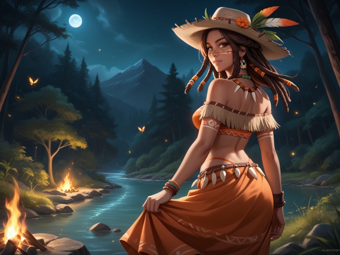 Vestimenta Tribal, Río, Pelo Pelirrojo Hentai IA