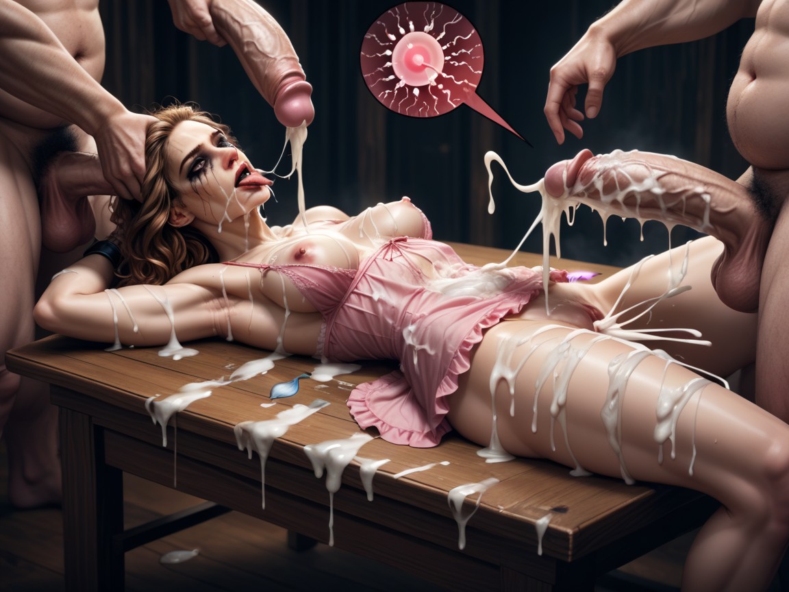 Night Time, Her Hair Pulled, Cum Covered Frilly Pink Nightgown AI Porn
