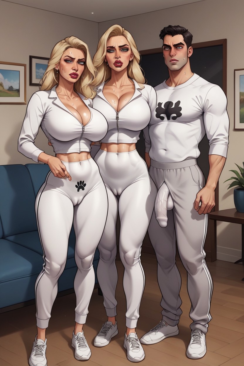 Milf Wearing White Full Body Jumpsuit, Visible Dick Print In Guys Sweatpants, Living Room AI Porn