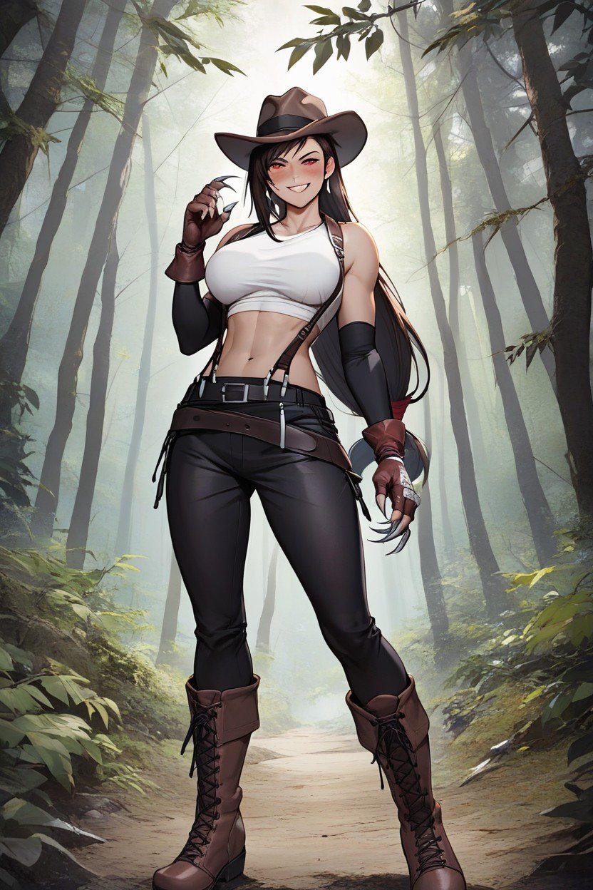 Brown Leather Boots, Tifa Lockhart Ff Cosplaying As Freddy Krueger, Detailed Face And Metal Claws쉬메일 AI 포르노