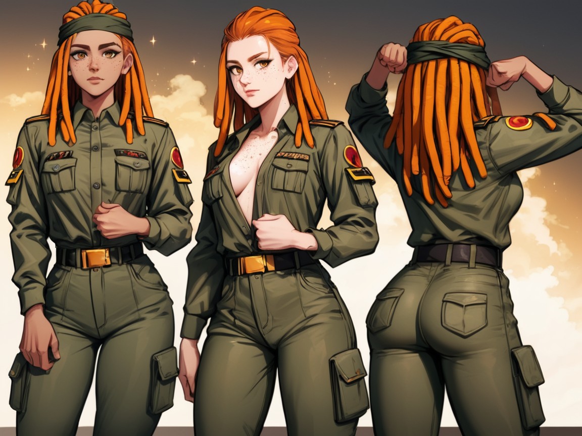 Freckles On Breasts, Wearing Camo Military Clothes, Specular Lighting Porno latina IA