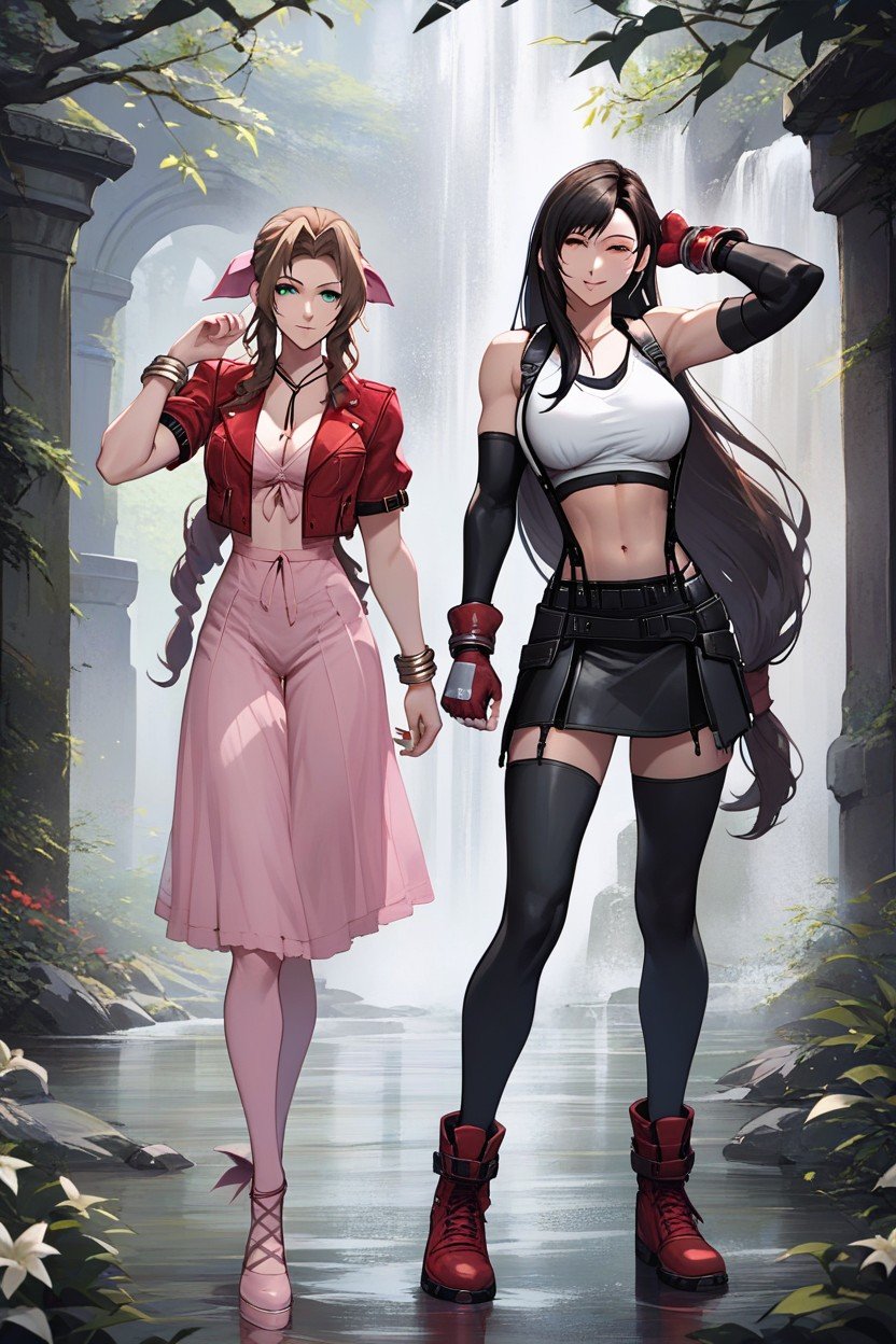 Ultra Detailed, Perfect Anatomy, Aerith And Tifa Are Standing Next To Each Other헨타이 AI 포르노