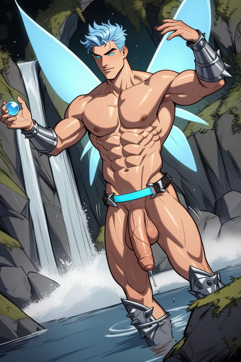 Waterfall Background, Flying, Water Orb In One Hand AI Gay Porn