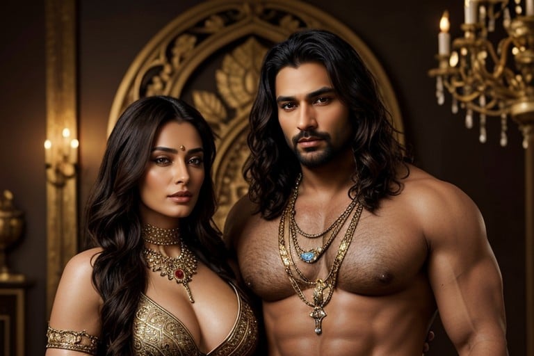 A Strong Man, A Barbarian Warrior And His Lady An Exquisite Dark Fantasy Oil Painting Depicting The Formidable Barbarian Warrior, A Beautiful Indian Brunette쉬메일 AI 포르노