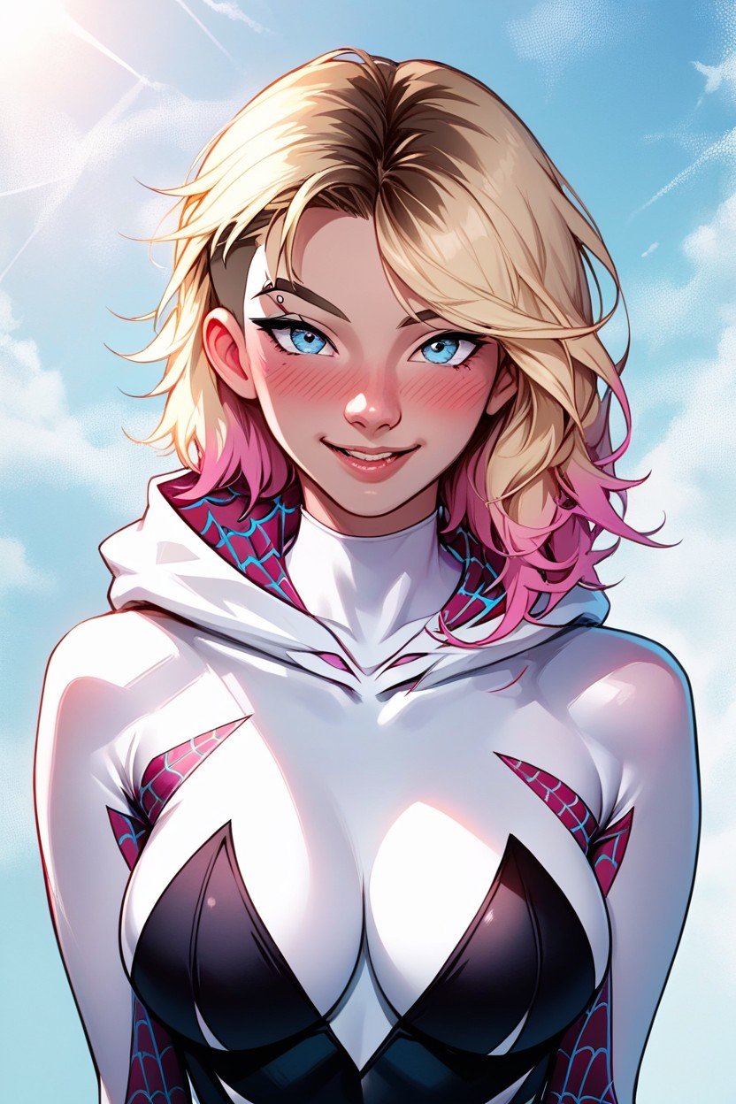 Spider Gwen Costum, Peito Grande, Olhando Para O Visualizador Travesti IA Pornô