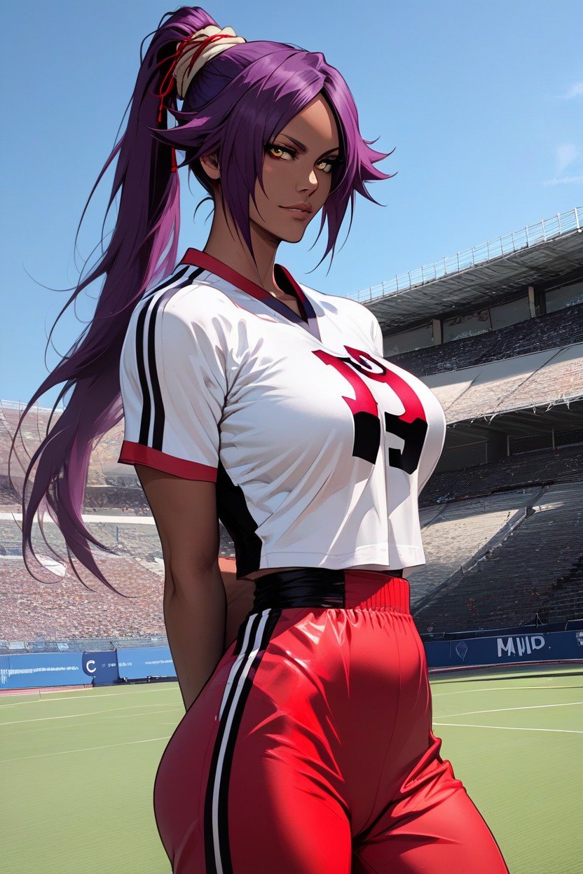 Purple Hair, In Football Stadium, 正面視圖AI黃漫